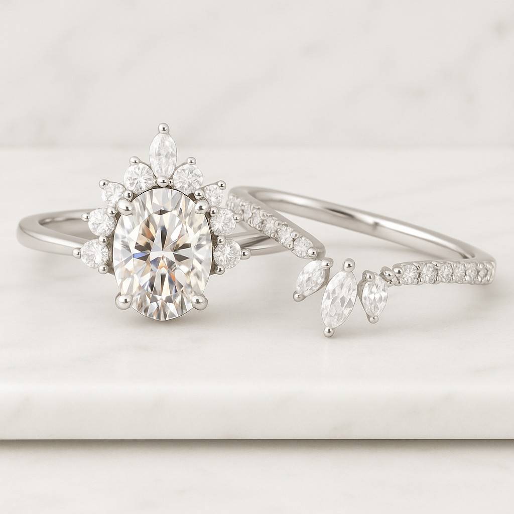 Oval Cut Moissanite Engagement Bridal Set Ring
