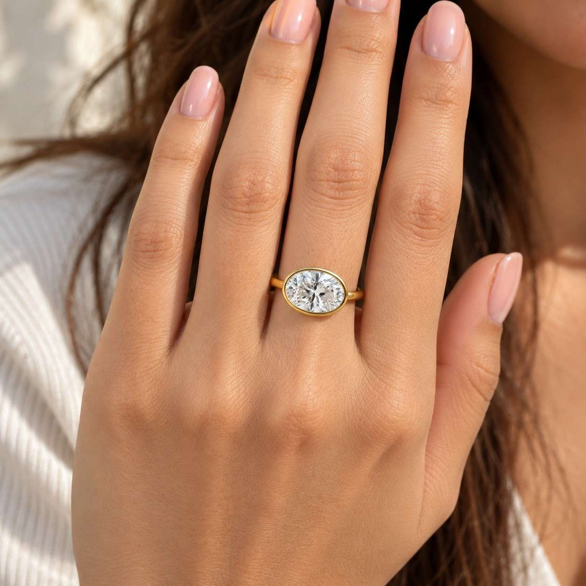 Oval Cut Moissanite Engagement Ring, Bezel Set Solitaire Ring, 14k Gold, Anniversary Gift for Her