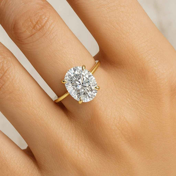 Oval Cut Moissanite Engagement Ring Hidden Halo Solitaire Plain Gold Band Wedding Gift