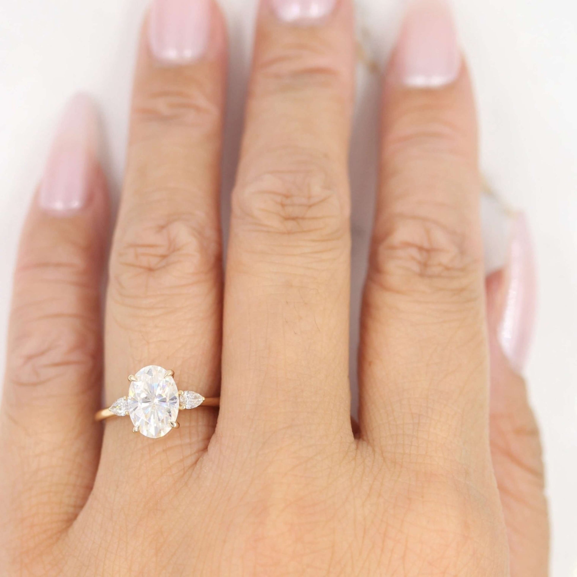 Oval Cut Moissanite Engagement Ring, Side Pear Cut Stone RinG