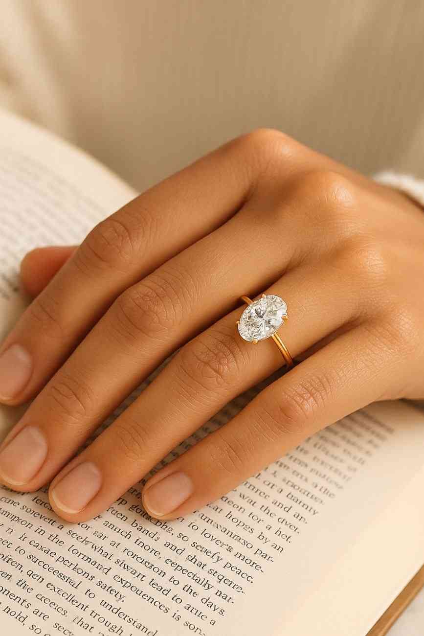 Oval Cut Moissanite Engagement Ring Solid Gold Hidden Halo Solitaire Plain Gold Band Wedding Gift