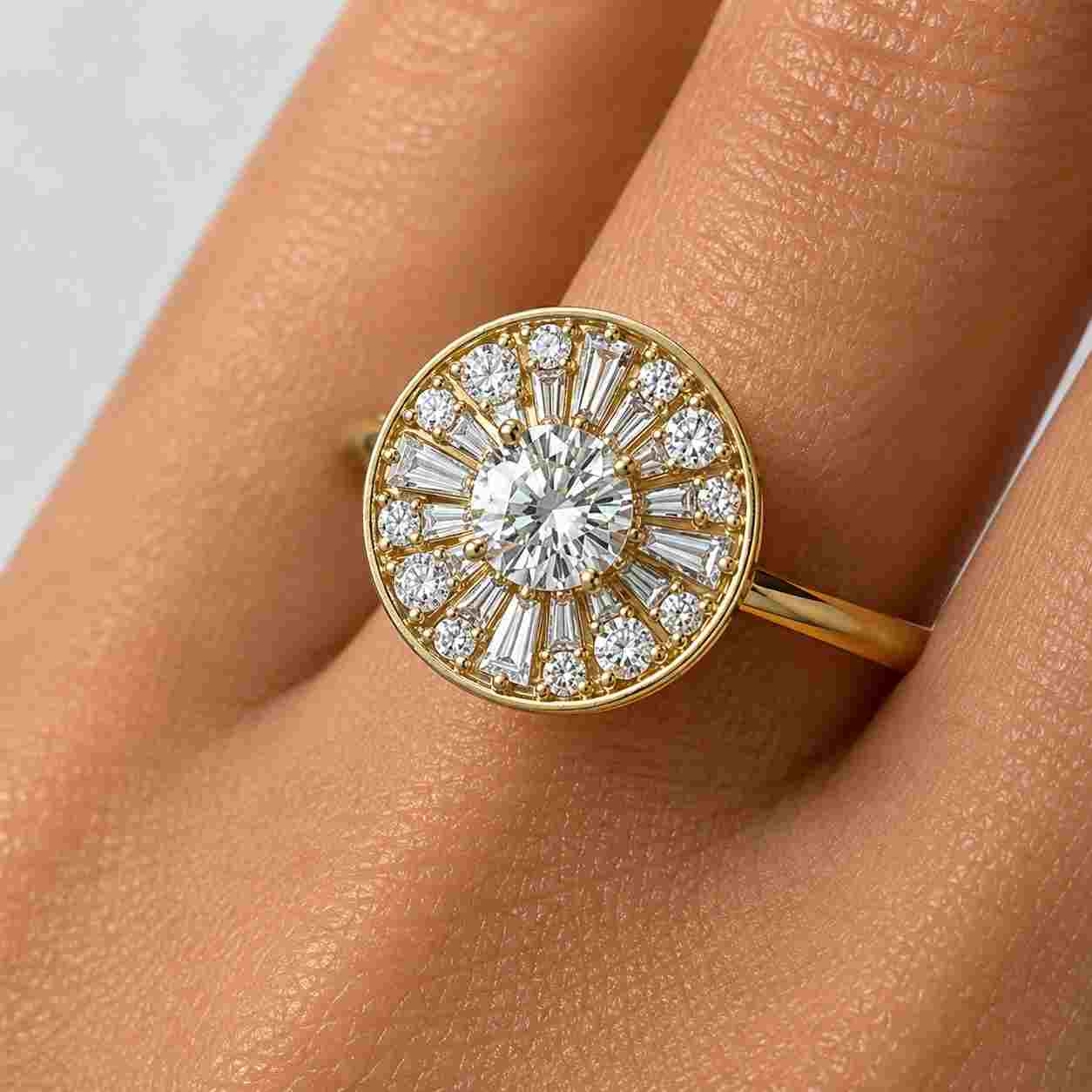 oval cut moissanite sunburst halo engagement ring, baguette and round diamond halo, vintage inspired rose gold bridal ring
