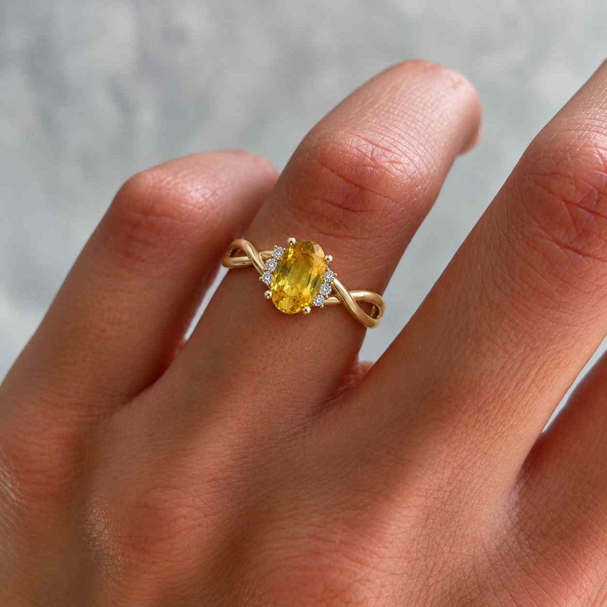 Oval Cut Natural Yellow Sapphire Diamond Wedding Gift Ring 14K White Gold