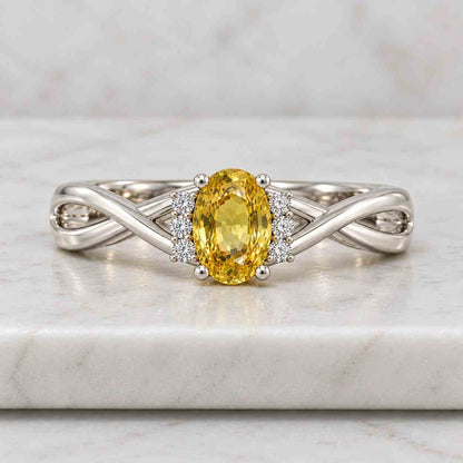 Oval Cut Yellow Sapphire Diamond Ring 14K White Gold Statement Engagement 