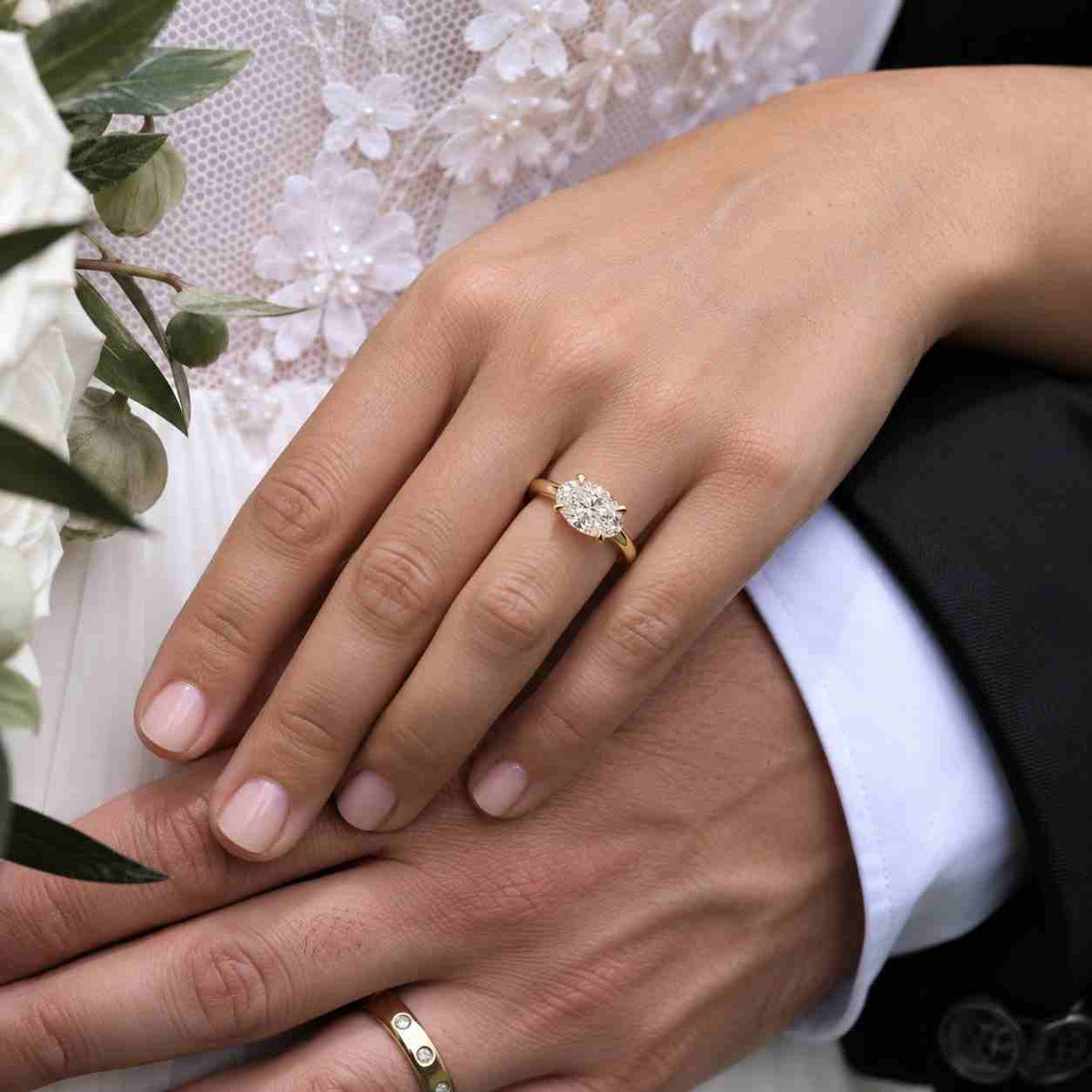 oval cut moissanite solitaire engagement ring in 14k yellow gold