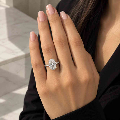 Oval Diamond Engagement Ring Oval Trilogy Diamond Anniversary Ring Side Pear Diamond Proposal Ring Real Lab Grown Diamond Hammer Finish Ring
