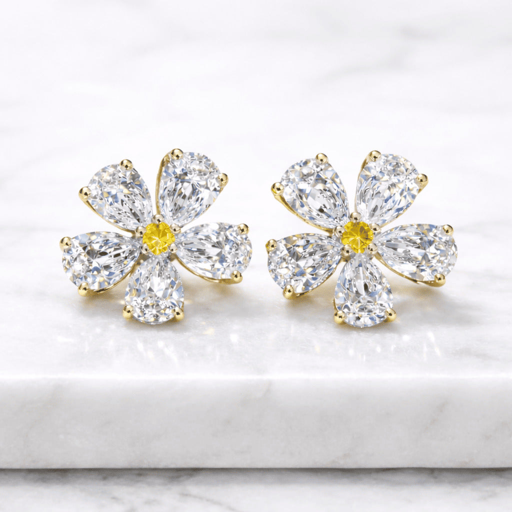 14k gold pear cut flower diamond earrings lab grown diamond studs