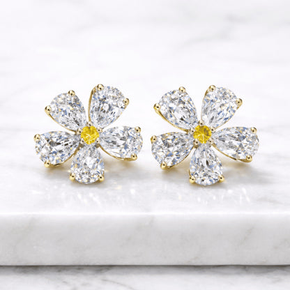 14k Gold Pear Cut Flower Diamond Earrings Lab Grown Diamond Studs