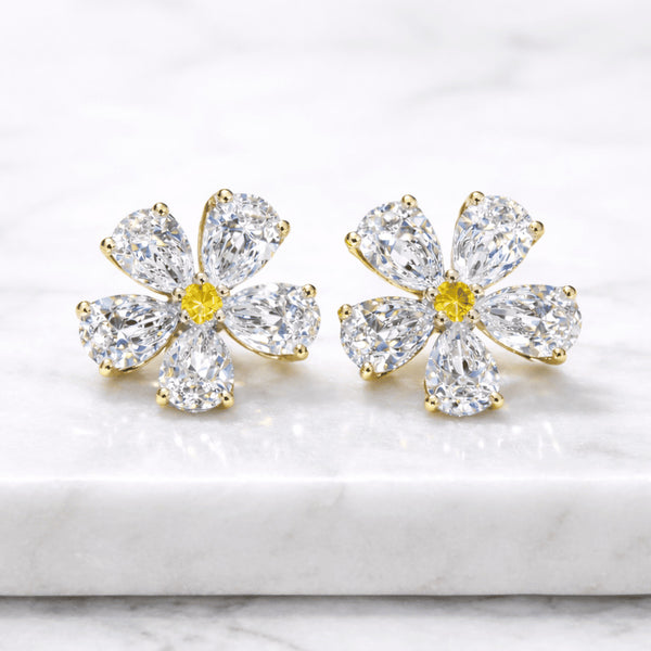 14k Gold Pear Cut Flower Diamond Earrings Lab Grown Diamond Studs