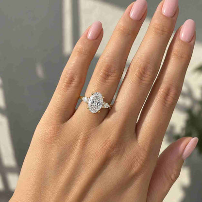 Oval Diamond Three Stone Engagement Ring Gold Trilogy Lab Grown Diamond Wedding Ring Anniversary Gift Round Diamond Proposal Ring for Women