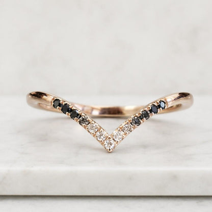 Curved Half Eternity Wedding Band Women Moissanite Wedding Band Moissanite and Black Spinel Band Rose Gold Stacking Bridal Promise Band
