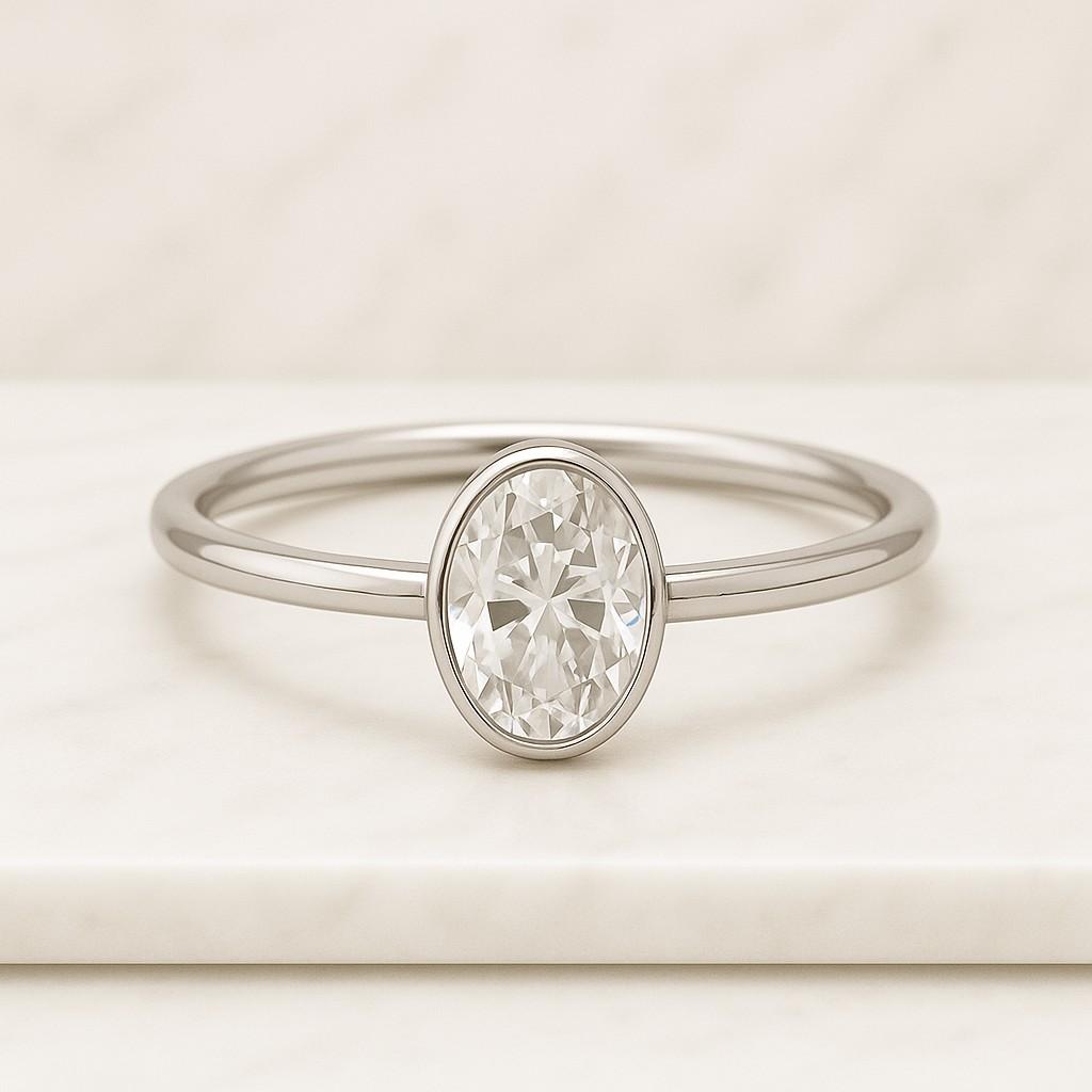 Oval Lab-Grown Diamond Engagement Ring 14K Solid Gold Bezel Set Ring Modern Minimalist Bridal Ring