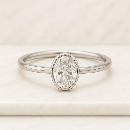 Oval Lab-Grown Diamond Engagement Ring 14K Solid Gold Bezel Set Ring Modern Minimalist Bridal Ring