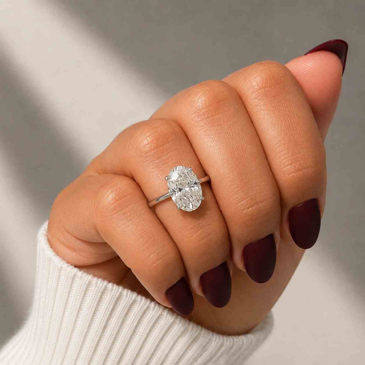 Oval Lab Diamond Engagement Ring: 6 prongs tulip basket setting