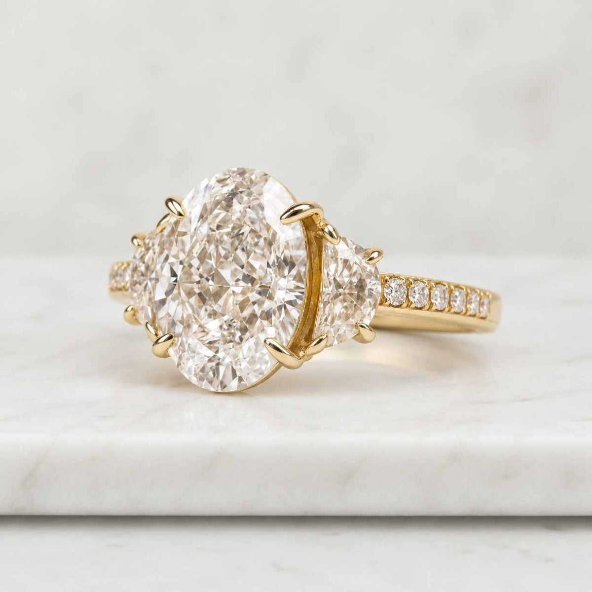 Oval Lab Diamond Engagement Ring White Gold Half Moon Three Stone