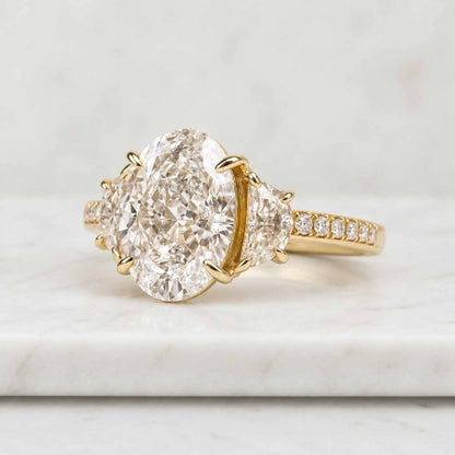 Oval Lab Diamond Engagement Ring White Gold Half Moon Three Stone