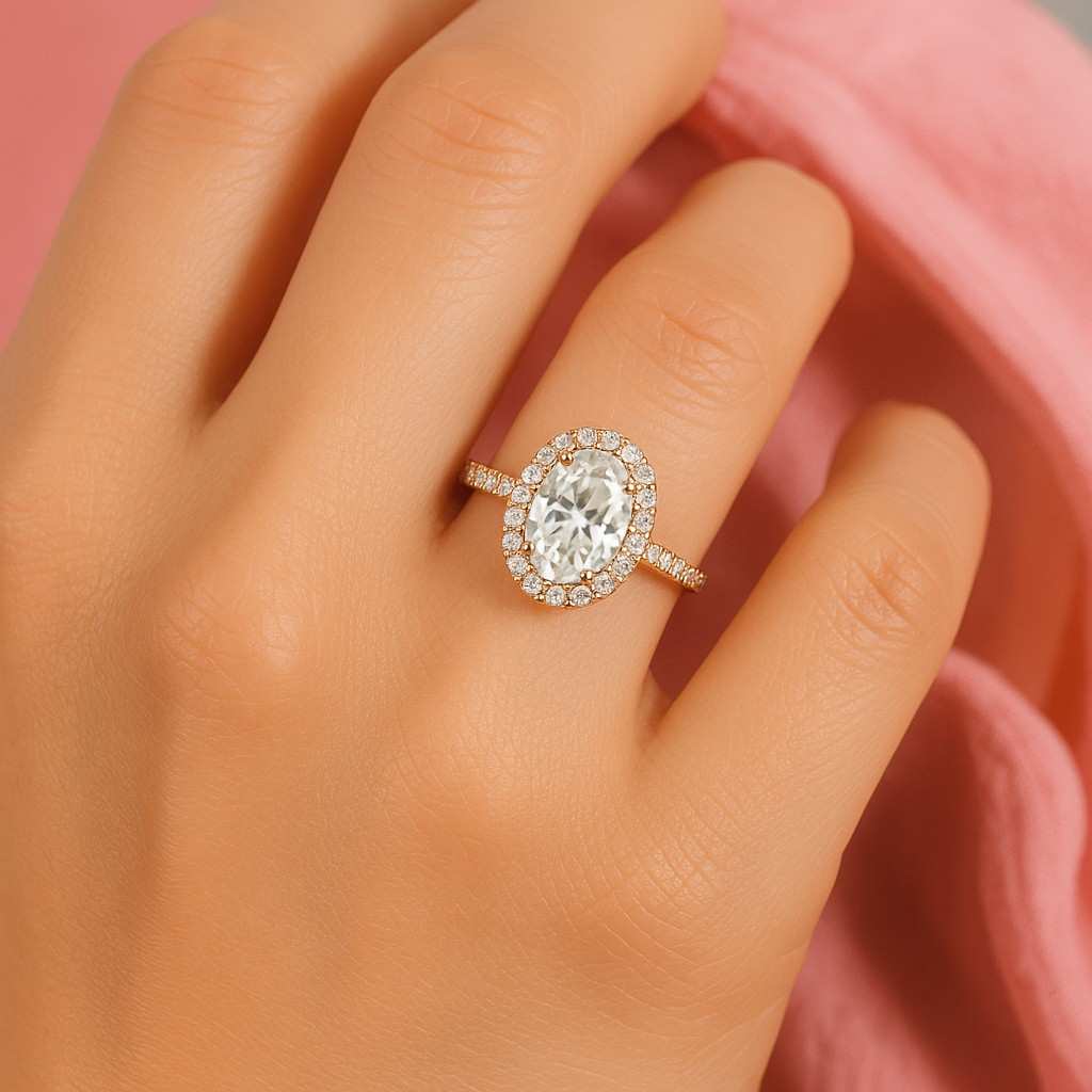 Oval Lab Grown Diamond Engagement Ring 14K Gold Hidden Halo Solitaire