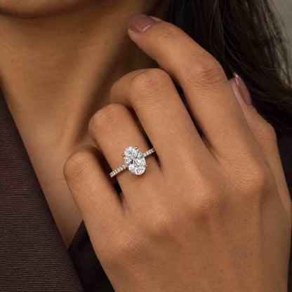 Oval Lab Grown Diamond Engagement Ring, 14K Gold Trilogy Ring

