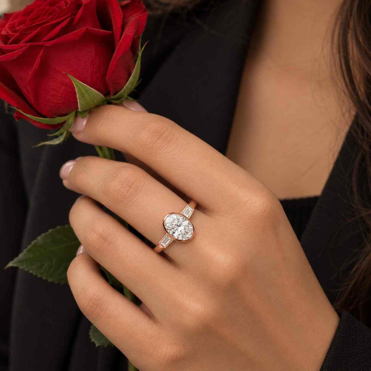oval lab grown diamond engagement ring, 3ct center, 4 ctw, half moon side stones, bezel set three stone ring, solid gold, silver or platinum

