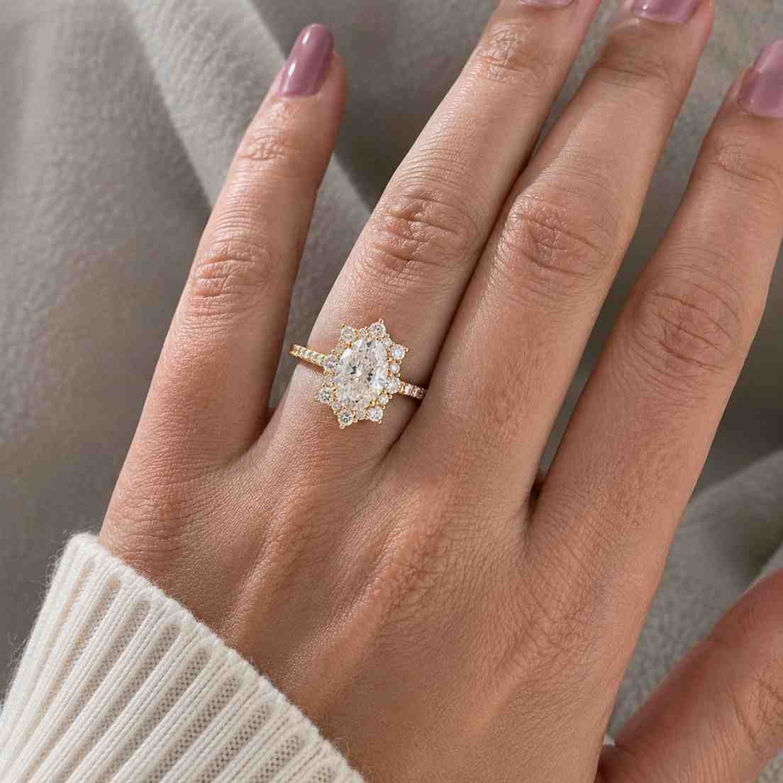 oval lab grown diamond engagement ring: hidden halo, pavé band