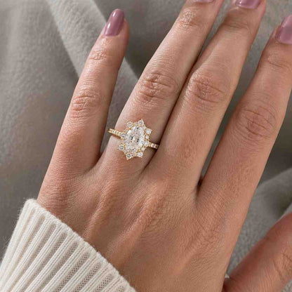 Oval Lab Grown Diamond Engagement Ring: Hidden Halo, Pavé Band
