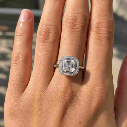 Oval Lab Grown Diamond Engagement Ring, Hidden Halo Pave Band, White Gold Bridal Ring