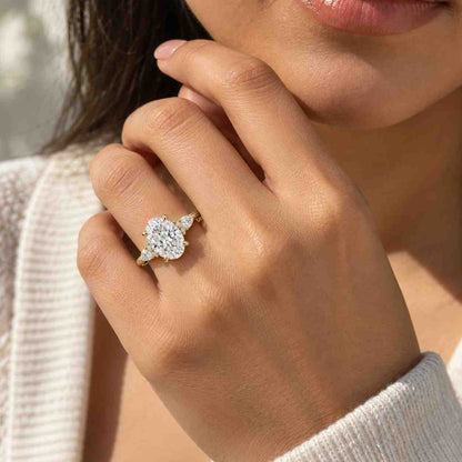 Oval Lab Grown Diamond Engagement Ring with Pear Side Stones, 14K Yellow Gold Three Stone Proposal Ring, Anniversary Gift for Her