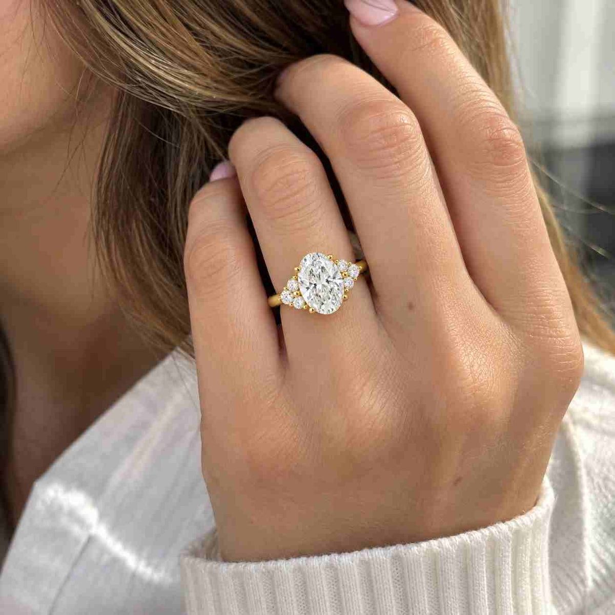 oval lab grown diamond engagement ring with pear side stones, 14k yellow gold three stone proposal ring, anniversary gift for her