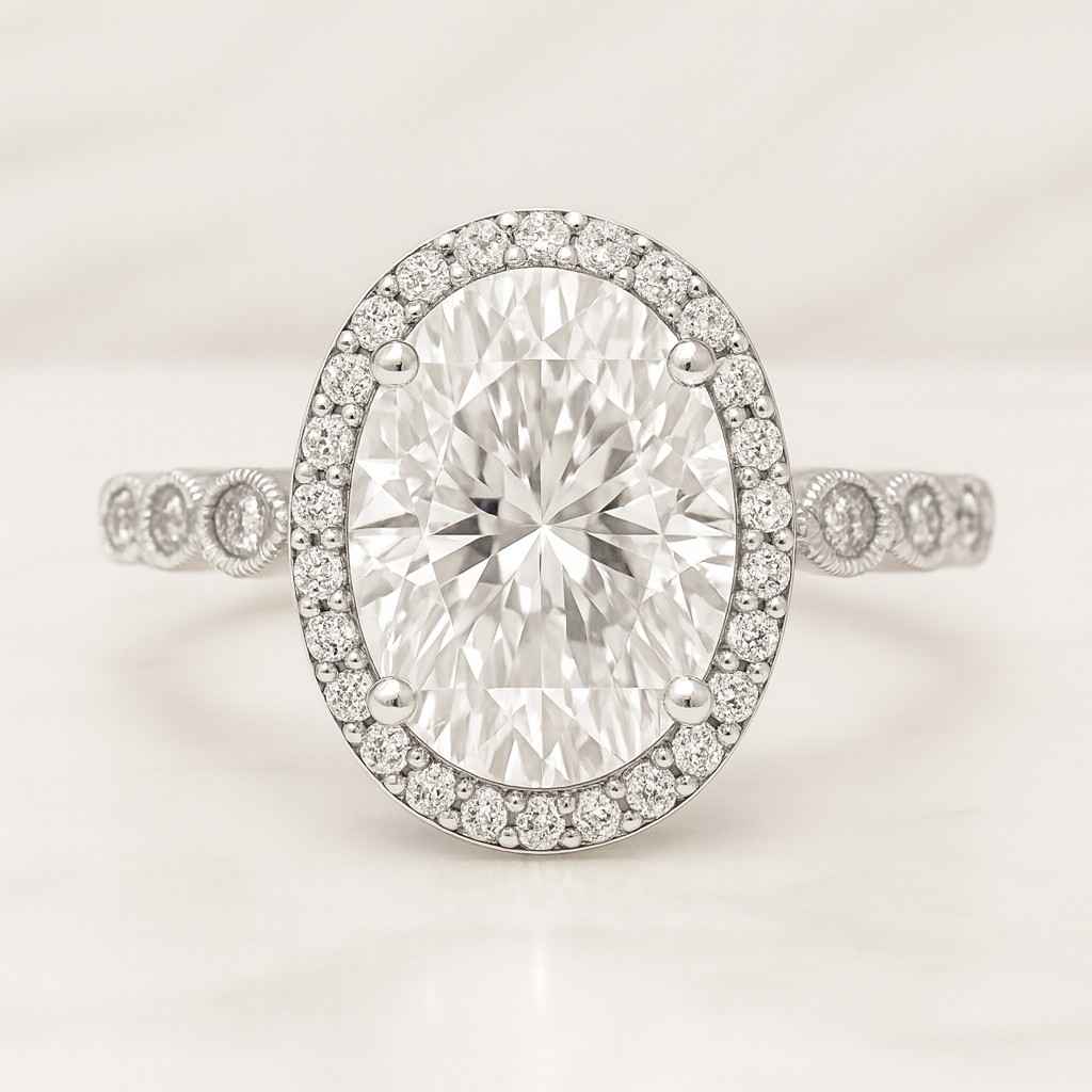 oval lab grown diamond halo engagement ring pave band bridal ring