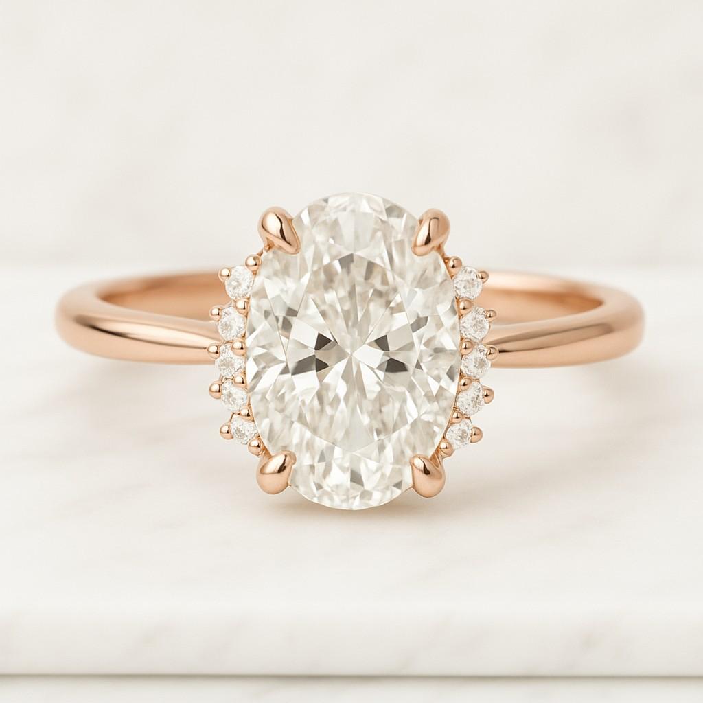 oval lab grown diamond hidden halo engagement ring