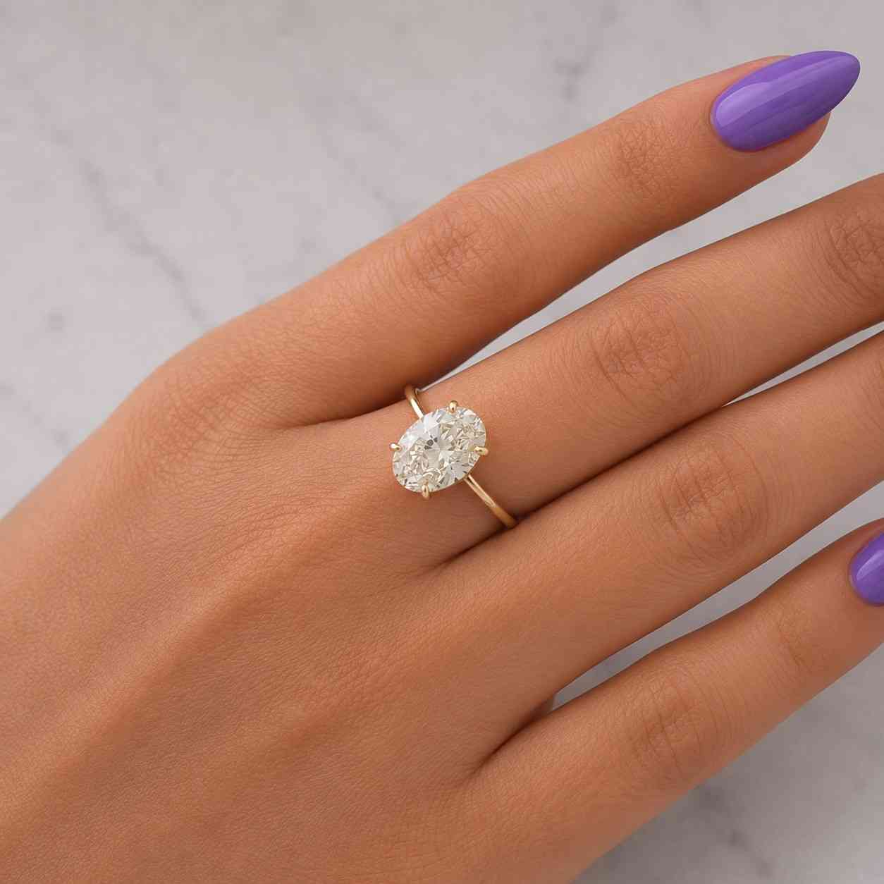 Oval Lab Grown Diamond Solitaire Engagement Ring, 14K Yellow Gold Tulip Basket, Surprise Diamond Gallery Ring for Her, IGI Certified
