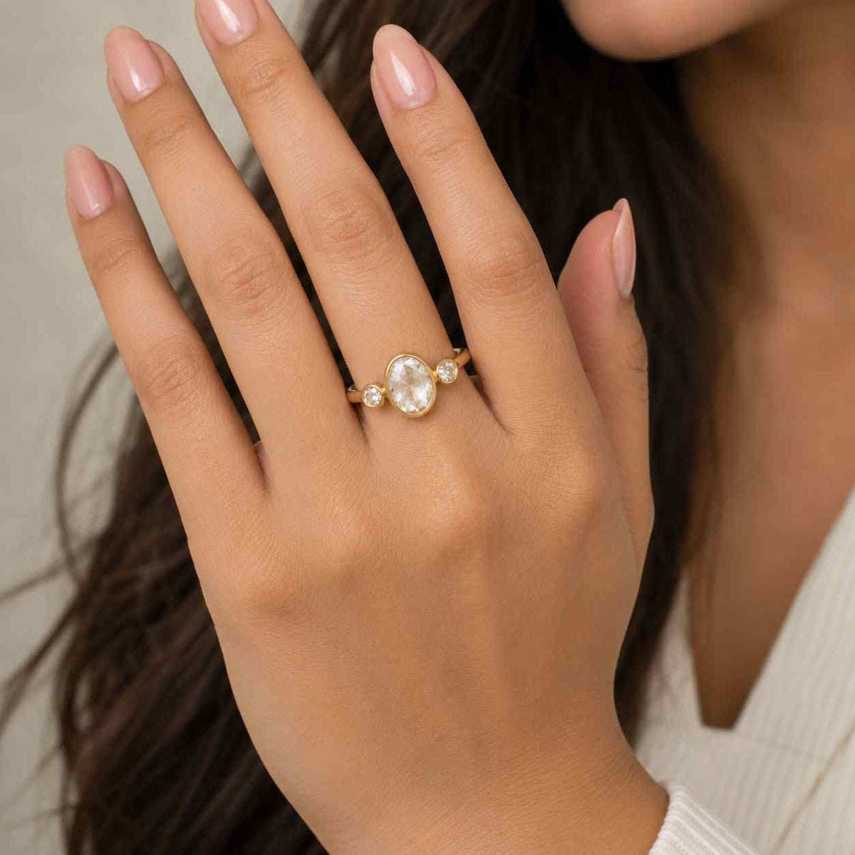 oval lab grown diamond three stone ring, trilogy engagement ring, oval 3 stone ring, triad bridal ring
