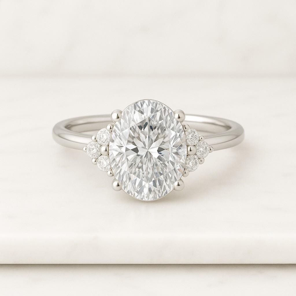 Oval Lab Grown Solitaire Hidden Halo Wedding Ring 14K Yellow Gold with Side Round Cut Diamond Anniversary Ring IGI certified Diamond