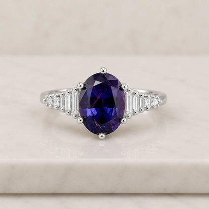 Oval Medium Blue Sapphire Engagement Ring | Natural Sapphire and Diamond Engagement Ring