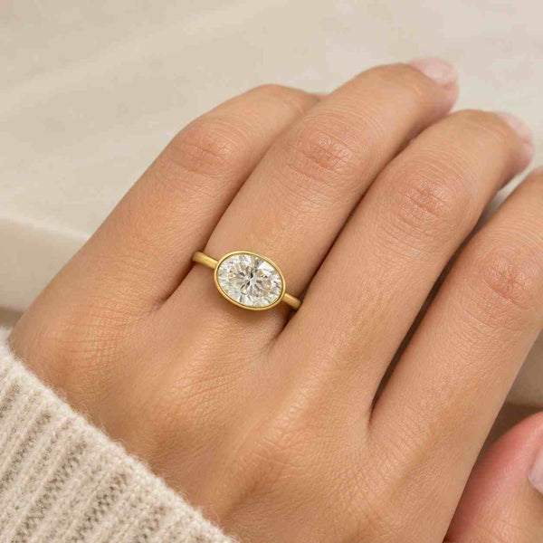 Oval Moissanite Bezel Set Ring | 14K Gold Minimalist Engagement Solitaire | Elegant Proposal & Anniversary Ring

