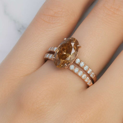 Oval Moissanite Bridal Set Three Ring Wedding Set Solid Gold Wide Cigar Band Lotus Prong Setting 4ct Oval Cut Engagement Ring Set Gifts Ring