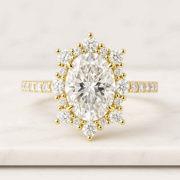 Oval Moissanite Engagement Ring 14k Solid Gold Cluster Accent IGI Lab Diamond
