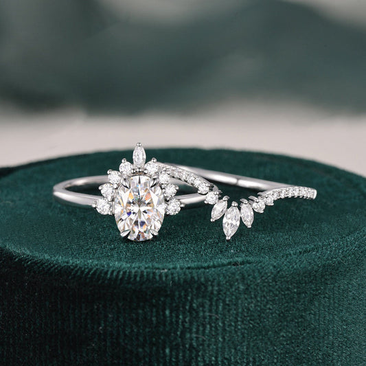 Oval Moissanite Engagement Ring Set In 14K Gold