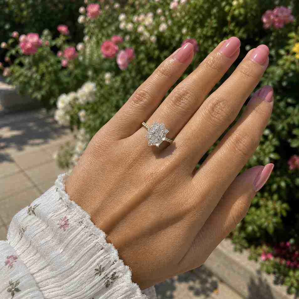 oval moissanite hidden halo engagement ring,