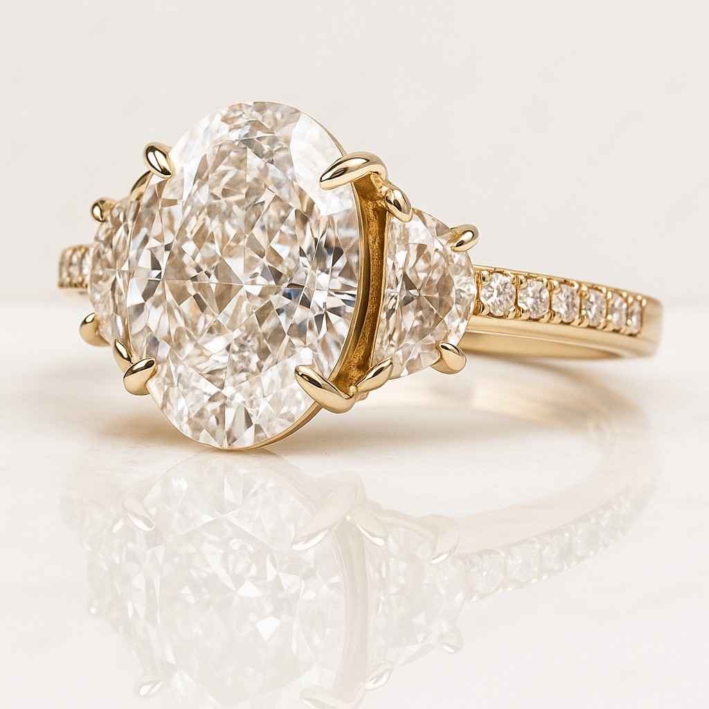 Oval Moissanite Three Stone Engagement Ring Side Half Moon Moissanite Wedding Ring Propose Ring For Women Oval & Crescent Trilogy Ring