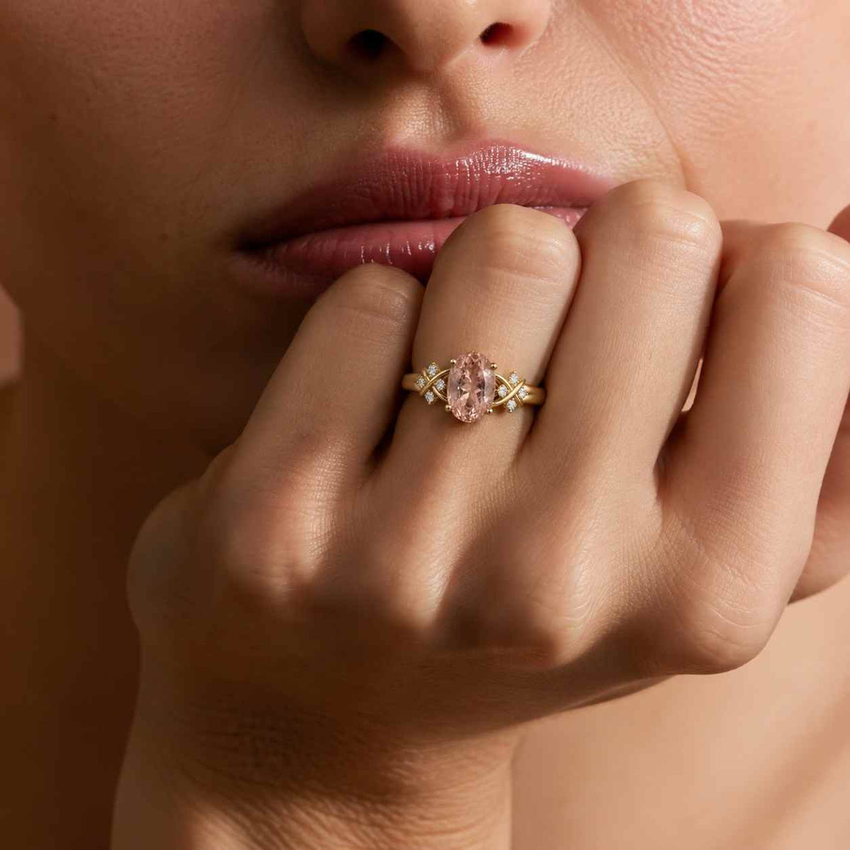 oval morganite engagement ring, diamond cluster, promise ring
