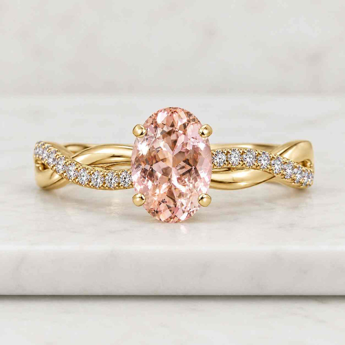 Oval Morganite Engagement Ring, Rose Gold Diamond Halo, 14K Gold
