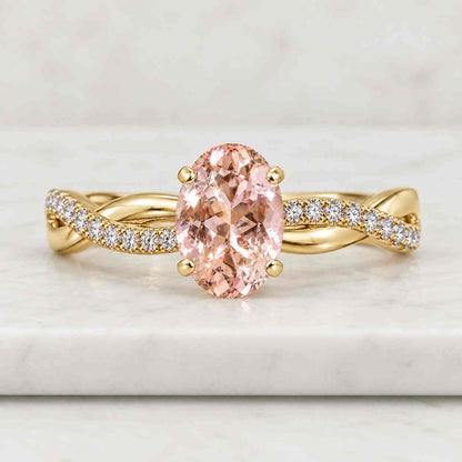 Oval Morganite Engagement Ring, Rose Gold Diamond Halo, 14K Gold
