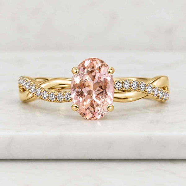 Oval Morganite Engagement Ring, Rose Gold Diamond Halo, 14K Gold
