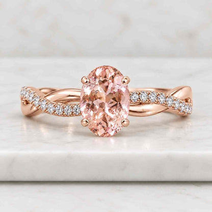 Oval Morganite and Diamond Promise Ring, 14K Gold Split Shank Ring.
