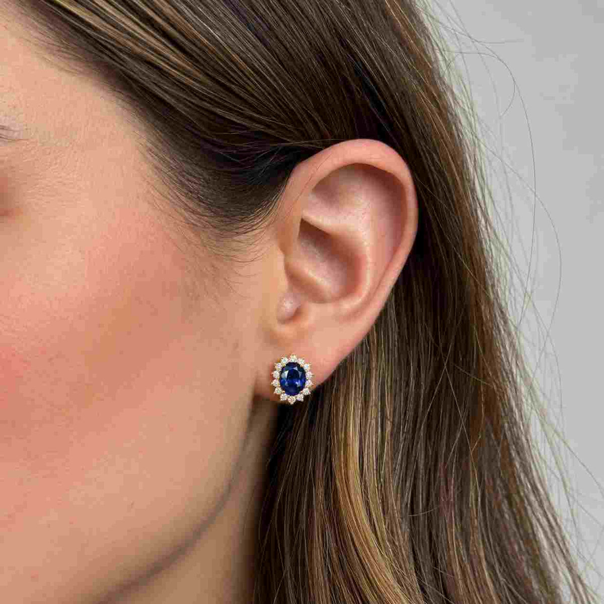 Oval Natural Sapphire Diamond Halo Earrings | 14K White Gold