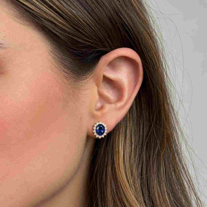 Oval Natural Sapphire Diamond Halo Earrings | 14K White Gold