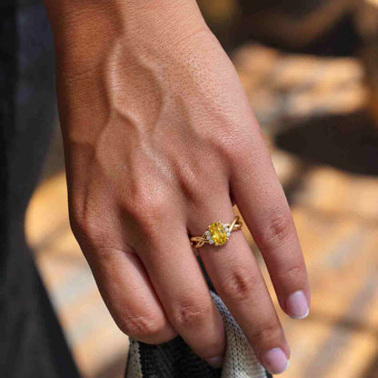 Oval Natural Yellow Sapphire Diamond Ring 14K White Gold Anniversary Wedding Ring
