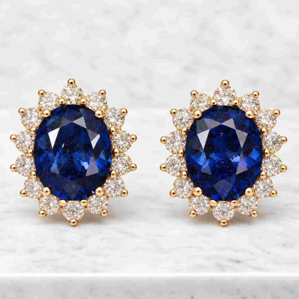 14K Gold Oval Sapphire Diamond Halo Stud Earrings
