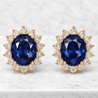14K Gold Oval Sapphire Diamond Halo Stud Earrings
